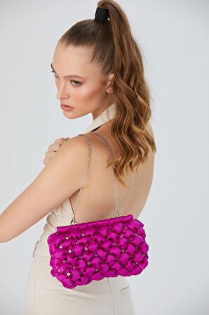 Gümüş Zincirli Fuşya Saten Taşlı Kadın Clutch