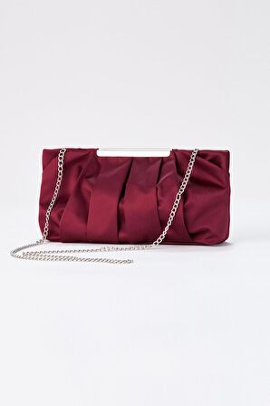  Bordo Zincir Askılı Pileli Saten Kadın Clutch