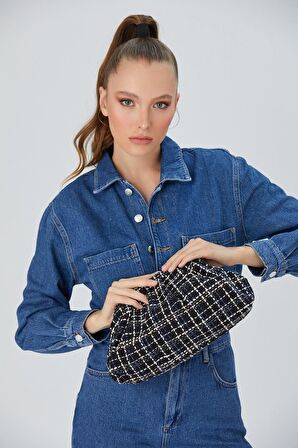 Siyah Burslu Tüvit Kumaş Kadın Omuz Çantası