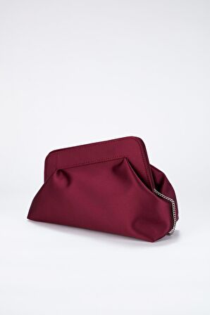 Bordo Asimetrik Çapraz Zincirli Saten Kadın  Clutch