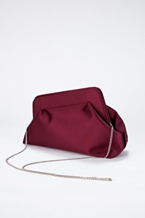 Bordo Asimetrik Çapraz Zincirli Saten Kadın  Clutch