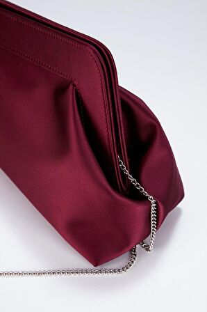 Bordo Asimetrik Çapraz Zincirli Saten Kadın  Clutch