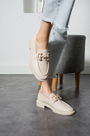 Bej Yumuşak Kadın Casual Günlük Kemik Toka Maskülen Ayakkabı