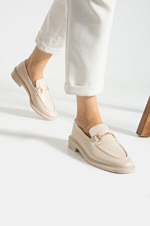 Bej Yumuşak Kadın Casual Günlük Tokalı Maskülen Ayakkabı