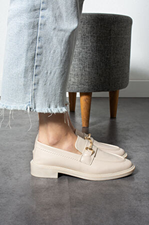 Bej Yumuşak Kadın Casual Günlük Tokalı Maskülen Ayakkabı