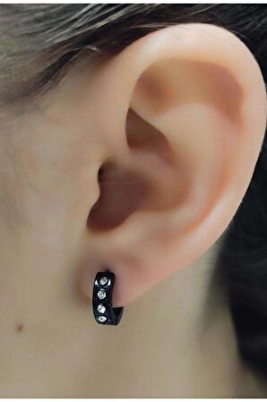 Siyah Renk Gümüş Taşlı Çelik Küpe