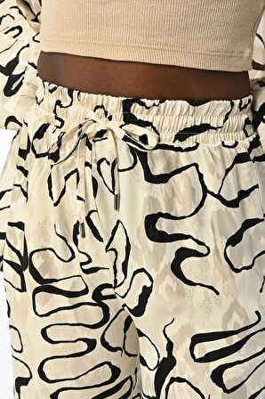 KADIN RAHAT KALIP DESENLİ BELİ LASTİKLİ PANTOLON