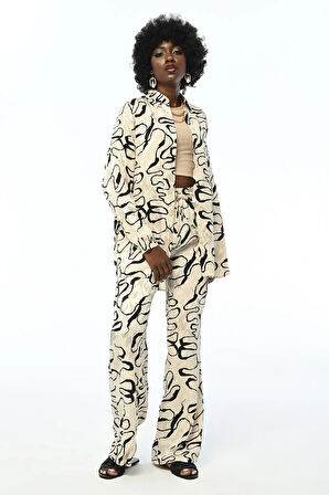 KADIN RAHAT KALIP DESENLİ BELİ LASTİKLİ PANTOLON