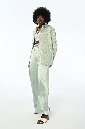 KADIN MİNT RENK BELİ LASTİKLİ BOL PAÇA PANTOLON