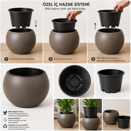 ZEVLİ Küre Saksı Özel İç Hazneli Drenajlı Çiçek Saksısı (3 Adet, 7Litre, 25cm, Antrasit, Taupe, Beyaz)
