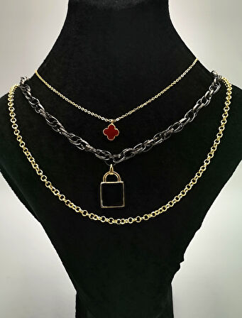 Üçlü  Sarı  Renk Zincirli Figürlü Lüks Kararmaz Kolye