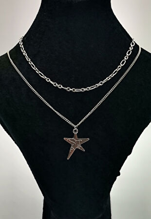 Çift Zİncirli  Gümüş Renk Figürlü Kolye