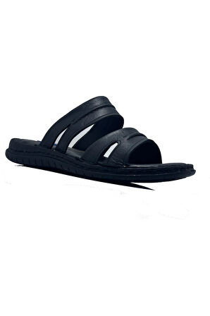 Edu Siyah 5067 Hakiki Deri Ortopedik Günlük Erkek Terlik