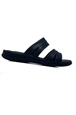 Edu Siyah 5067 Hakiki Deri Ortopedik Günlük Erkek Terlik