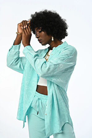 KADIN OVERSIZE KESİM DESENLİ MİNT RENK GÖMLEK