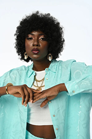 KADIN OVERSIZE KESİM DESENLİ MİNT RENK GÖMLEK