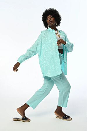 KADIN OVERSIZE KESİM DESENLİ MİNT RENK GÖMLEK