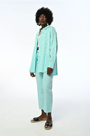 KADIN OVERSIZE KESİM DESENLİ MİNT RENK GÖMLEK