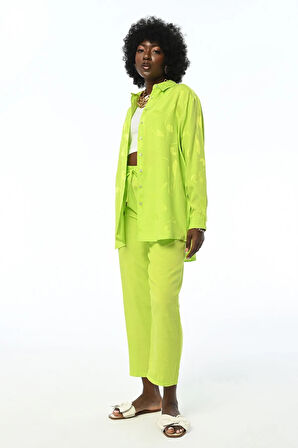 KADIN OVERSIZE KESİM DESENLİ LİMON RENK GÖMLEK