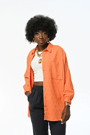 KADIN KOLLARI BÜZGÜLÜ DESENLİ OVERSIZE SARI GÖMLEK