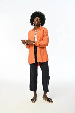 KADIN KOLLARI BÜZGÜLÜ DESENLİ OVERSIZE SARI GÖMLEK