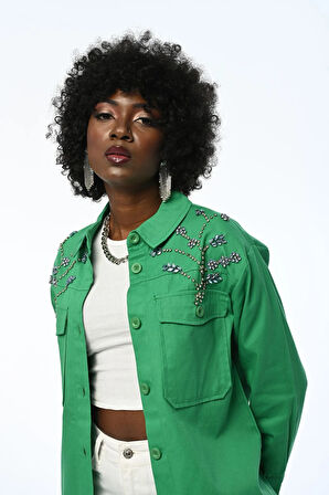 KADIN ROBASI TAŞ İŞLEMELİ GABARDİN CEKET