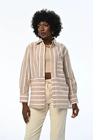 KADIN ÇİZGİLİ TEK CEPLİ RAHAT KALIP GÖMLEK