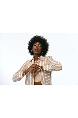 KADIN ÇİZGİLİ TEK CEPLİ RAHAT KALIP GÖMLEK