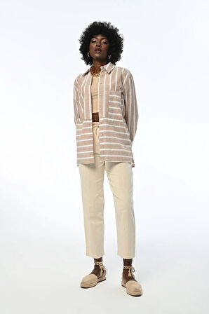 KADIN ÇİZGİLİ TEK CEPLİ RAHAT KALIP GÖMLEK