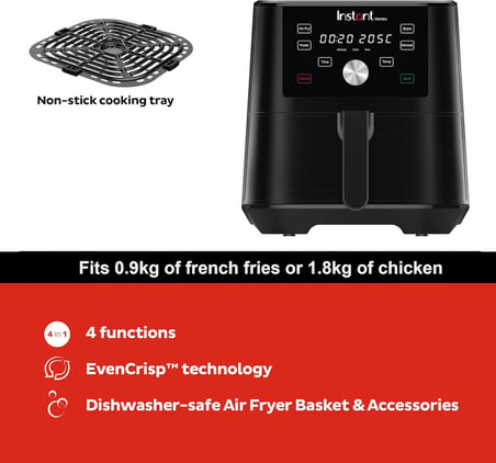 Instant AirFryer, 5.7L Kapasiteli, 1700W, Kızartma Tavası ve Mini Fırın Özellikleriyle, Siyah