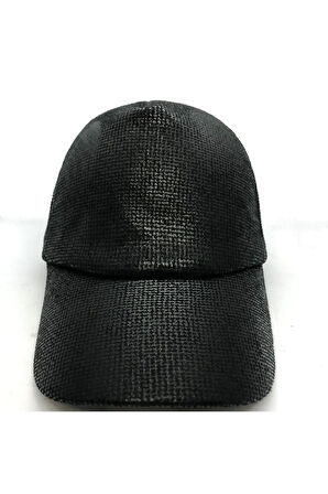 Siyah Unisex Deri Görünümlü Baskılı Kumaş Desenli Beyzbol Şapka