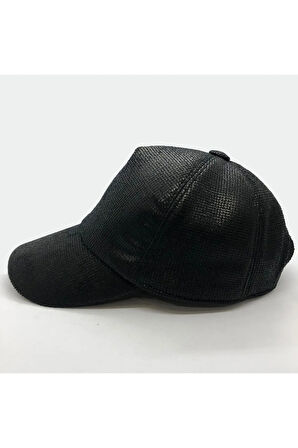 Siyah Unisex Deri Görünümlü Baskılı Kumaş Desenli Beyzbol Şapka