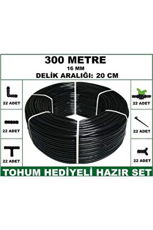 16 mm Delikli 300 mt 20 cm Bahçeniz İçin İdeal Damla Sulama Hortumu -Tohum Hediye- Hazır SET 22'li