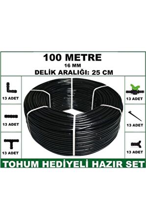 16 mm Delikli 100 mt 25 cm Bahçeniz İçin İdeal Damla Sulama Hortumu -Tohum Hediye- Hazır Set 13'lü