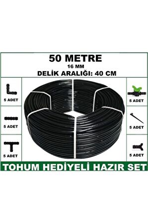 16 mm Delikli 50 mt 40 cm Bahçeniz İçin İdeal Damla Sulama Hortumu -Tohum Hediye- Hazır SET 5'li