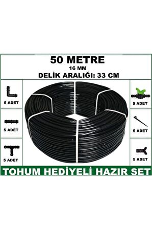 16 mm Delikli 50 mt 33 cm Bahçeniz İçin İdeal Damla Sulama Hortumu -Tohum Hediye- Hazır SET 5'li
