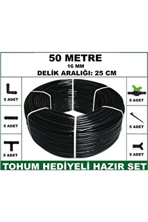 16 mm Delikli 50 mt 25 cm Bahçeniz İçin İdeal Damla Sulama Hortumu -Tohum Hediye- Hazır SET 5'li