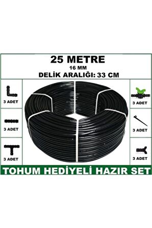 16 mm Delikli 25 mt 33 cm Bahçeniz İçin İdeal Damla Sulama Hortumu -Tohum Hediye- Hazır SET 3'lü