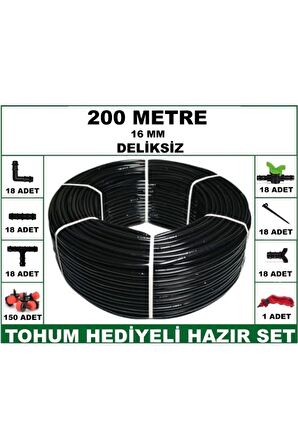 16 mm Deliksiz 200 mt Bahçeniz İçin İdeal Damla Sulama Hortumu -Tohum Hediye- Hazır SET 18'li