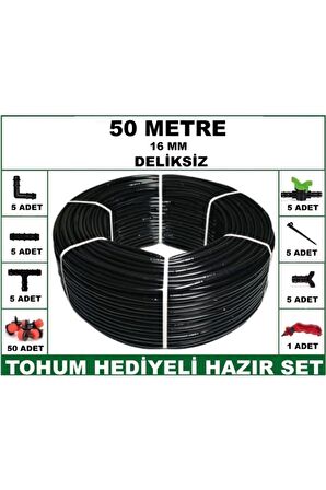 16 mm Deliksiz 50 m Bahçeniz İçin İdeal Damla Sulama Hortumu -Tohum Hediye- Hazır Set 5'li