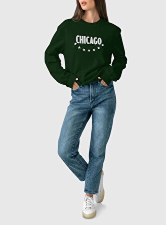 PROSPETTIVA KADIN YEŞİL OVERSIZE KALIN İÇİ POLARLI YILDIZLI CHICAGO YAZILI SWEATSHIRT