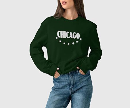 PROSPETTIVA KADIN YEŞİL OVERSIZE KALIN İÇİ POLARLI YILDIZLI CHICAGO YAZILI SWEATSHIRT