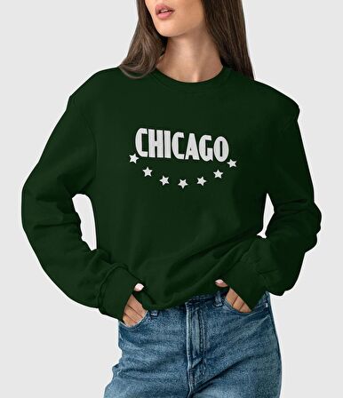 PROSPETTIVA KADIN YEŞİL OVERSIZE KALIN İÇİ POLARLI YILDIZLI CHICAGO YAZILI SWEATSHIRT