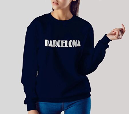 PROSPETTIVA KADIN LACİVERT OVERSIZE KALIN İÇİ POLARLI BARCELONA SYMBOL SWEATSHIRT