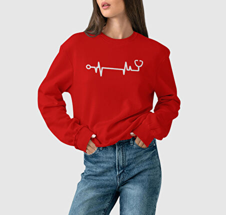 PROSPETTIVA KADIN KIRMIZI OVERSIZE KALIN İÇİ POLARLI HEALTH / STETESKOP SYMBOL SWEATSHIRT
