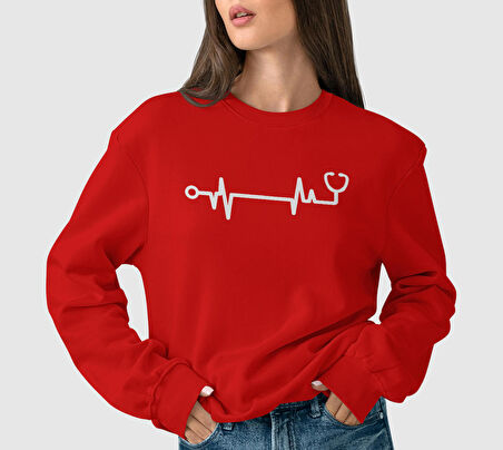 PROSPETTIVA KADIN KIRMIZI OVERSIZE KALIN İÇİ POLARLI HEALTH / STETESKOP SYMBOL SWEATSHIRT
