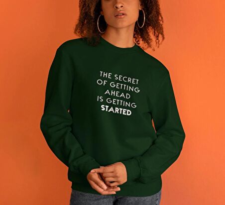 PROSPETTIVA KADIN YEŞİL OVERSIZE KALIN İÇİ POLARLI BAŞLANGIÇ MOTTOSU / STARTED MOTTO YAZILI SWEATSHIRT