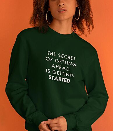 PROSPETTIVA KADIN YEŞİL OVERSIZE KALIN İÇİ POLARLI BAŞLANGIÇ MOTTOSU / STARTED MOTTO YAZILI SWEATSHIRT