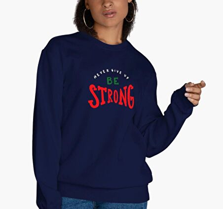 PROSPETTIVA KADIN LACİVERT OVERSIZE KALIN İÇİ POLARLI ASLA PES ETME / NEVER GIVE UP MOTTO YAZILI SWEATSHIRT