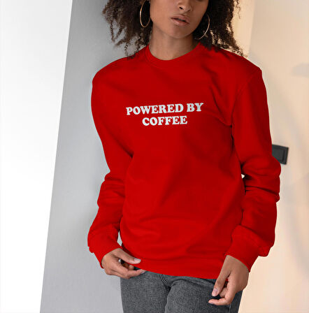 PROSPETTIVA KADIN KIRMIZI OVERSIZE KALIN İÇİ POLARLI POWERED BY COFFEE MOTTO YAZILI SWEATSHIRT